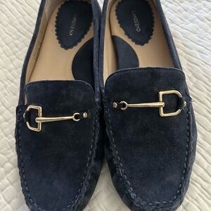 Lands' End Dark Blue Suede Loafers with Gold Buckle